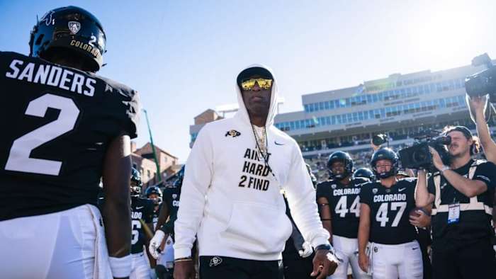 Deion Sanders on the field pregame at Colorado